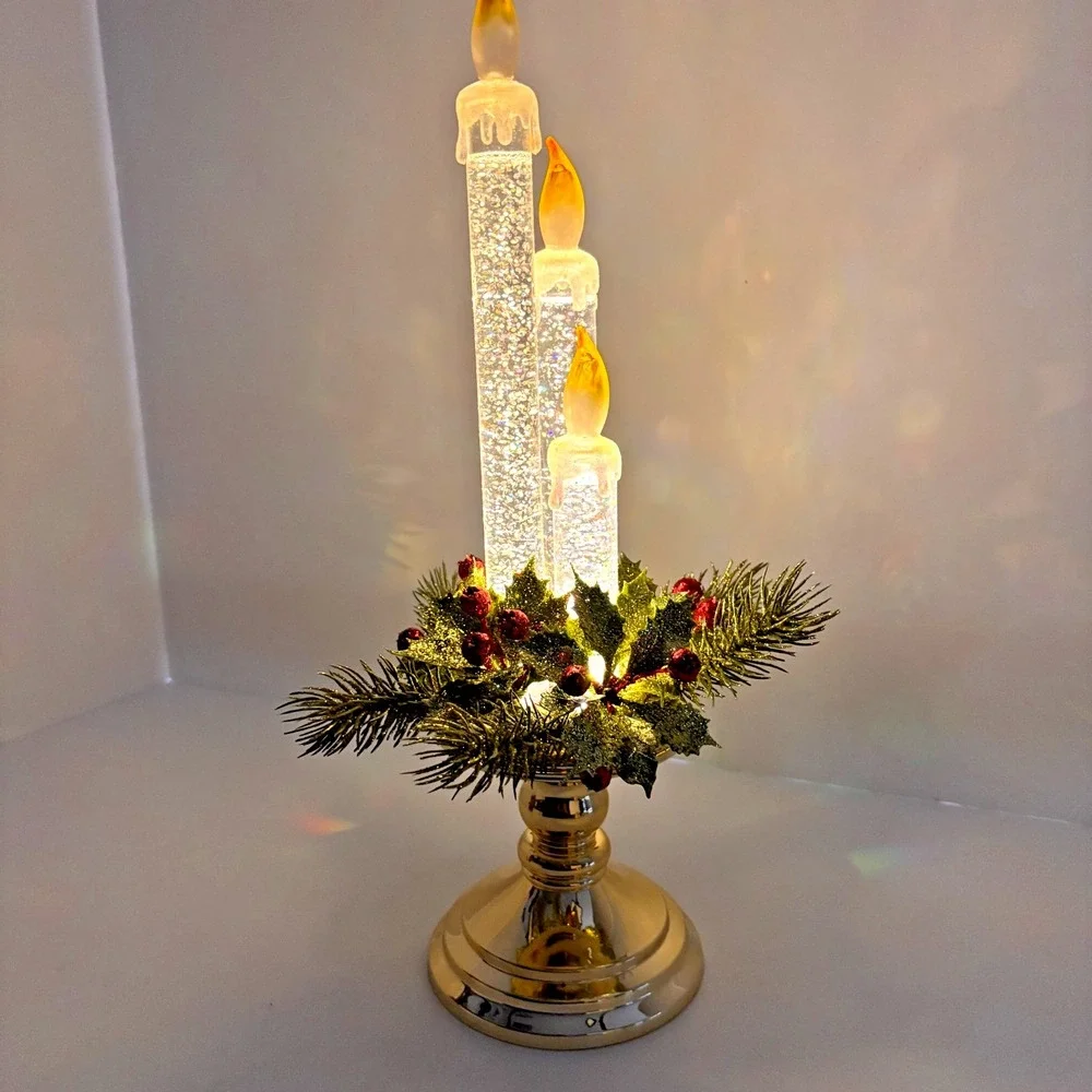 Vintage Lighted Christmas Taper Candle Holder Glitter Water Candlestick 14in